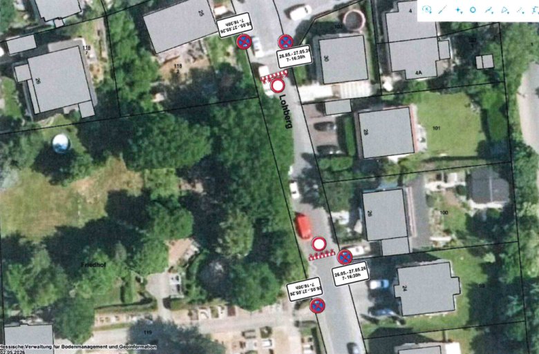 Sperrung Baumpflegearbeiten Friedhof Ober-Modau Karte der Straßensperrung am Friedhof Ober-Modau wegen Baumfällarbeiten.