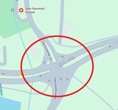 Verkehrszählung in Ober‑Ramstadt – Videotechnik im Einsatz Kreuzung in Ober‑Ramstadt, rot markiert auf einer Straßenkarte.