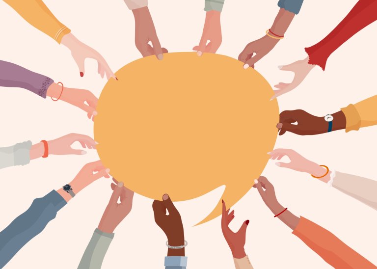 Agreement or affair between a group of colleagues or collaborators.Arms and hands holding speech bubble.Diversity People who exchange information.Concept of sharing and exchange.Community Agreement or affair between a group of colleagues or collaborators.Arms and hands holding speech bubble.Diversity People who exchange information.Concept of sharing and exchange.Community