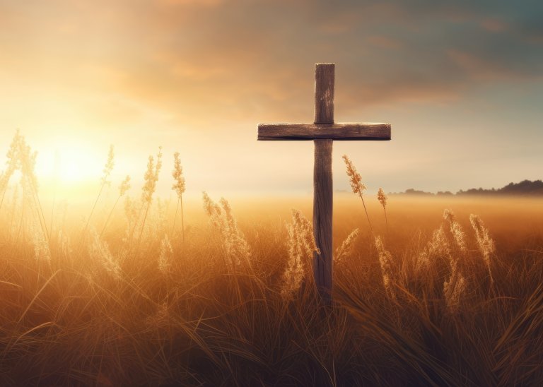 Ascension day concept. The cross on meadow autumn sunrise background. Ascension day concept. The cross on meadow autumn sunrise background.
