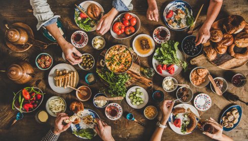 Flat-lay of Turkish family having traditional breakfast with various food Flat-lay of Turkish family having traditional breakfast with various food
