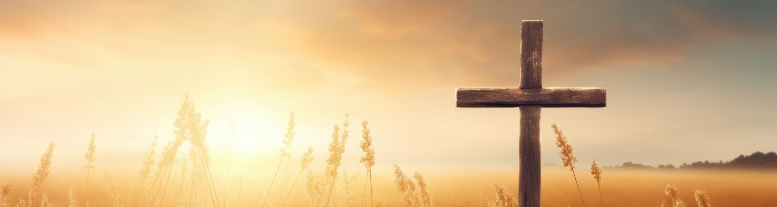Ascension day concept. The cross on meadow autumn sunrise background.