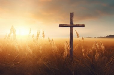Ascension day concept. The cross on meadow autumn sunrise background.