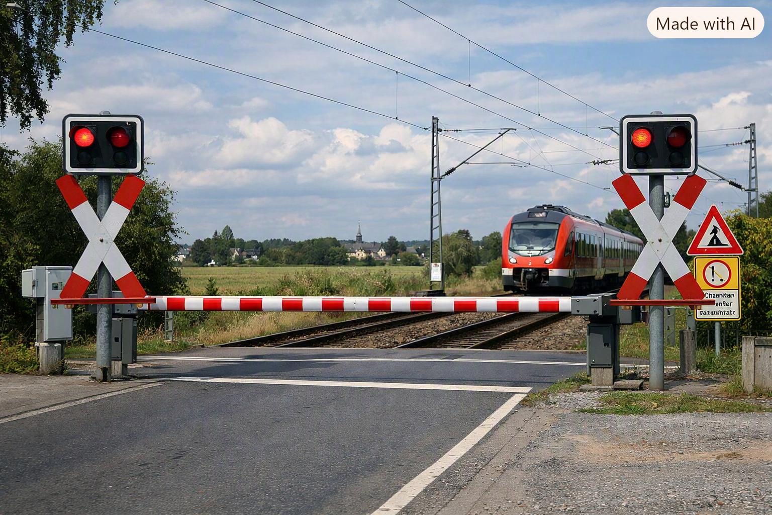 „Geschlossener Bahnübergang mit Schranken und blinkenden Warnlichtern, Zug nähert sich im Hintergrund