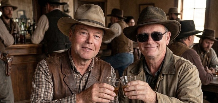 Zwei Herren in einer Saloon Bar gekleidet als Cowboys