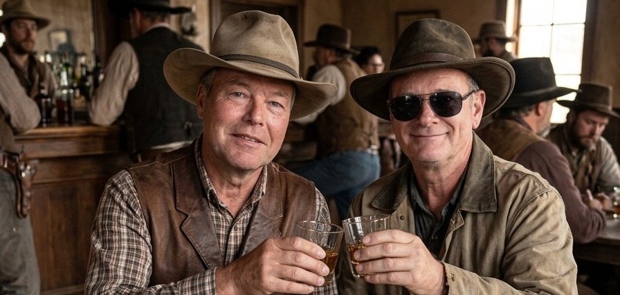Zwei Herren in einer Saloon Bar gekleidet als Cowboys