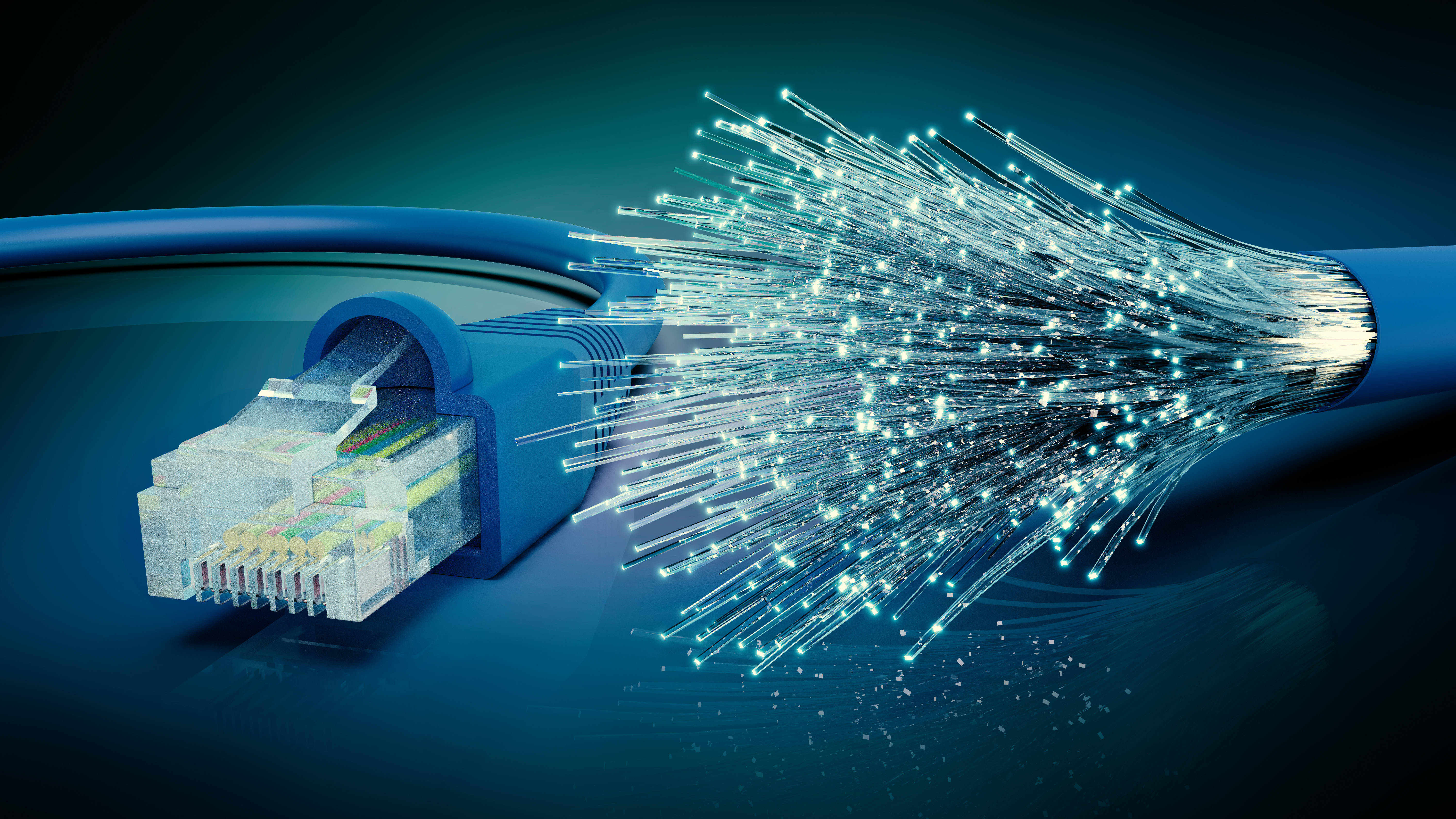 Netzwerkkabel und optisches Glasfaser Kabel, 3D Rendering