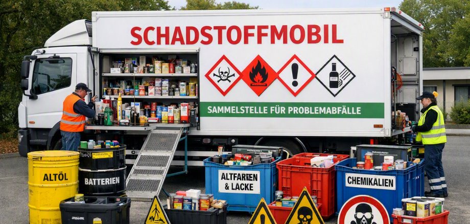 Schadstoffmobil mit zwei Mitarbeitenden, die Farbdosen und Chemikalien in Sammelbehälter sortieren.
