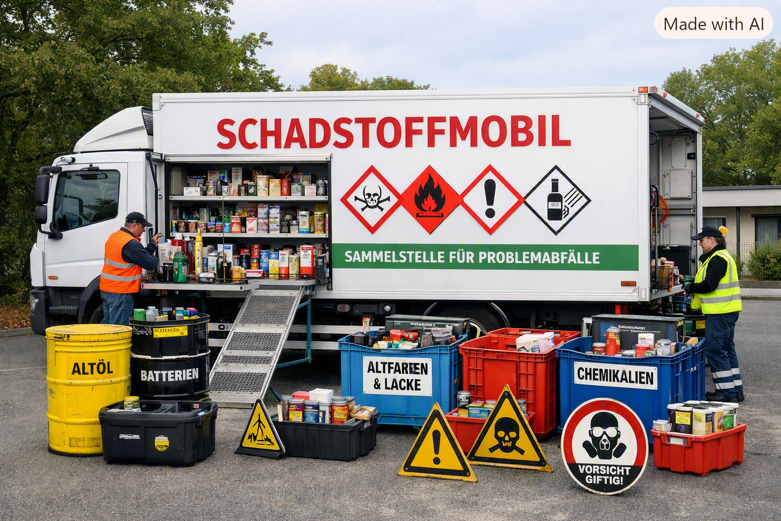 Schadstoffmobil mit zwei Mitarbeitenden, die Farbdosen und Chemikalien in Sammelbehälter sortieren.