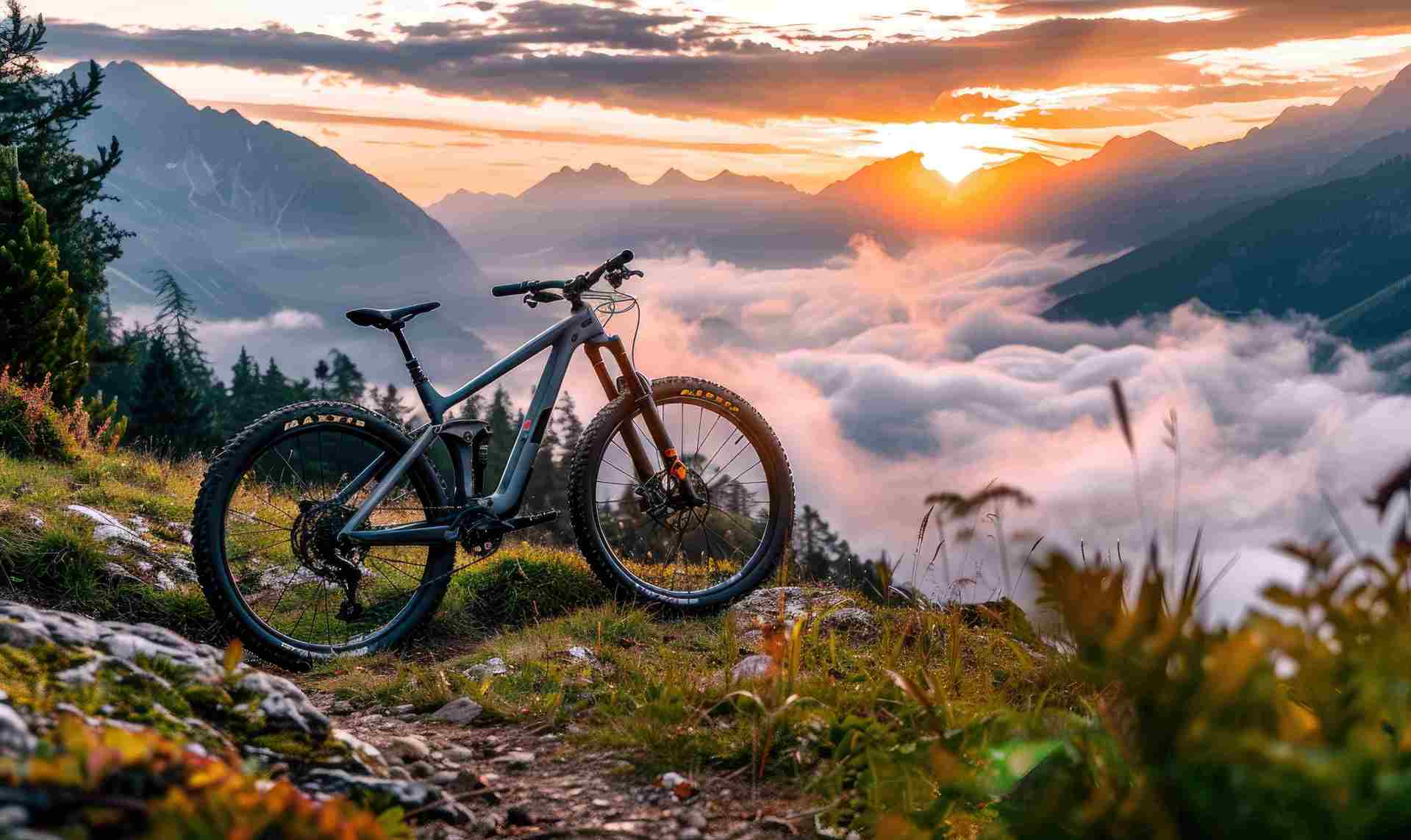 Mountainbike auf einem felsigen Bergweg vor einer weiten Alpenlandschaft. Die untergehende Sonne scheint zwischen den Berggipfeln hindurch, während Nebel die Täler bedeckt.