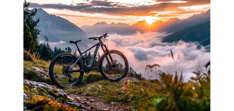 Mit großem Erfolg erradelte die Stadt Ober-Ramstadt 41.773 km Mountainbike auf einem felsigen Bergweg vor einer weiten Alpenlandschaft. Die untergehende Sonne scheint zwischen den Berggipfeln hindurch, während Nebel die Täler bedeckt.