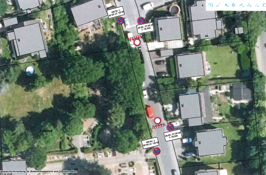 Karte der Straßensperrung am Friedhof Ober-Modau wegen Baumfällarbeiten.