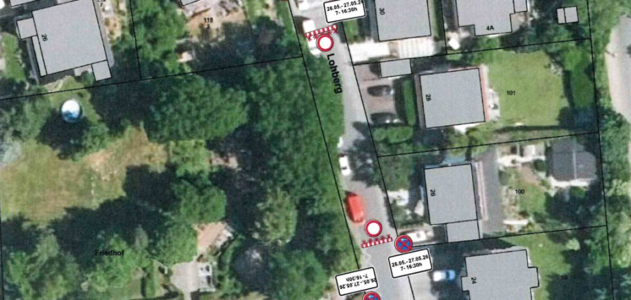 Sperrung Baumpflegearbeiten Friedhof Ober-Modau Karte der Straßensperrung am Friedhof Ober-Modau wegen Baumfällarbeiten.
