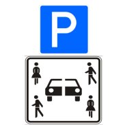 Ein in der Mitte geteiltes Auto mit vier Menschen ist das Zeichen eines Carsharing-Platzes.